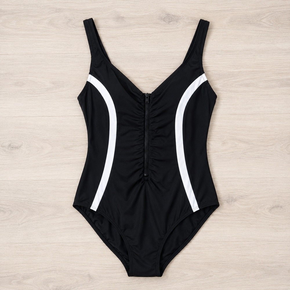 Jantzen Zip Up One Piece Swimsuit 12 Black‎ Ruched Tummy Control Slimming